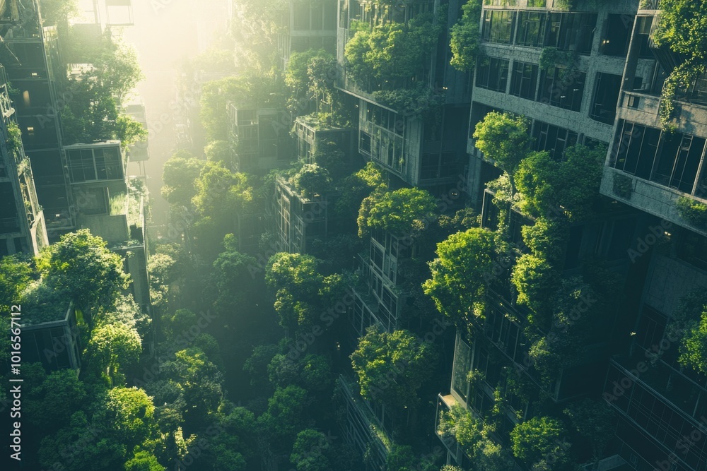 Poster tall building covered in trees and foliage, with a dense urban environment in the background.