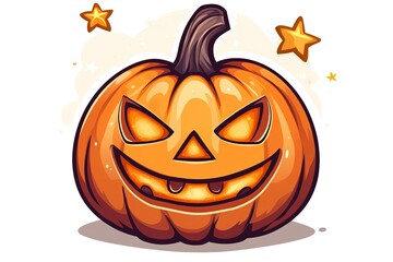 A cartoon-style illustration of an orange pumpkin with glowing eyes and mouth, centered on the white background