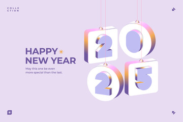 A minimalist design featuring 3D numbers 2025 hanging as festive decorations on a light purple background