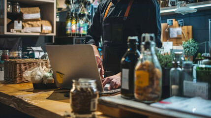 A small business owner managing their e-commerce store from a laptop, reviewing inventory, processing orders, and updating product listings.