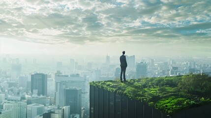 Businessman Overlooking Eco Friendly City Skyline from Skyscraper Rooftop