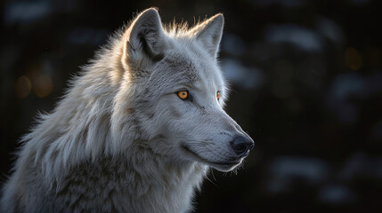 Fototapeta premium Beautiful white wolf with intense yellow eyes is illuminated by golden sunset light against a dark background