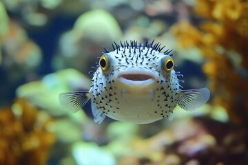 Obraz premium A puffer fish, blowfish or burrfish in a sea background. spiny balloonfish. 