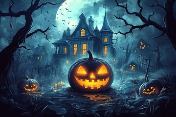 Halloween pumpkin in the center of an enchanted forest with haunted house and moonlight