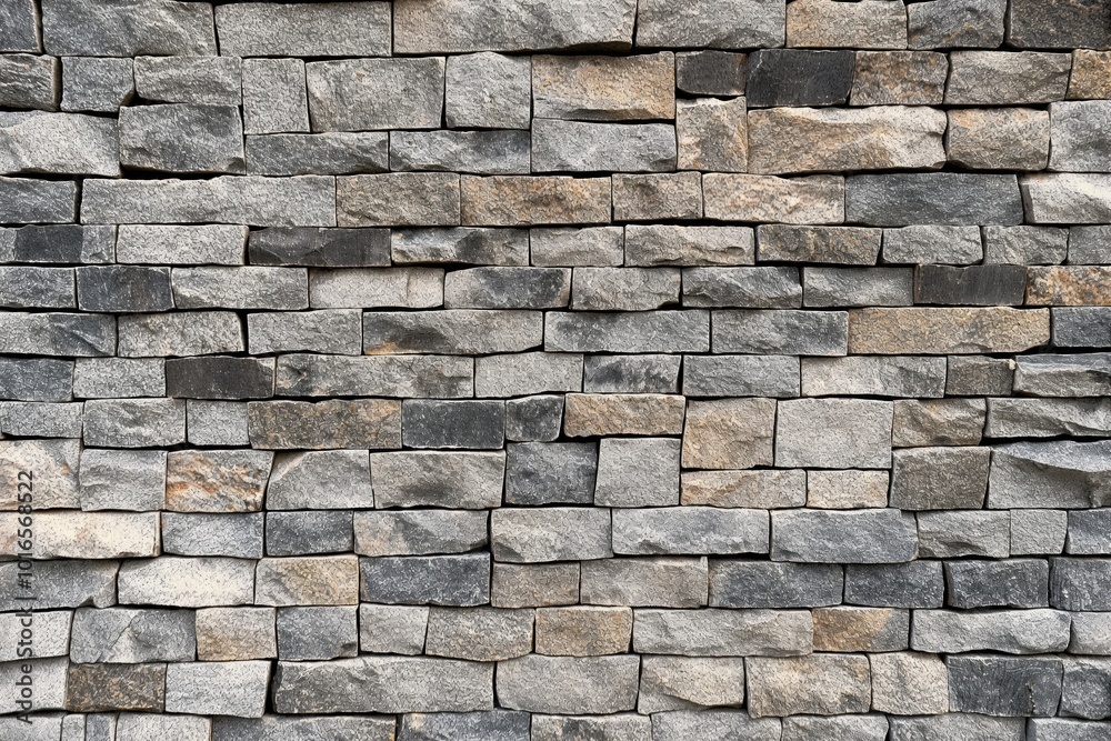 Poster close-up view of brick wall with gray, brown bricks in staggered pattern. rectangular bricks, varyin