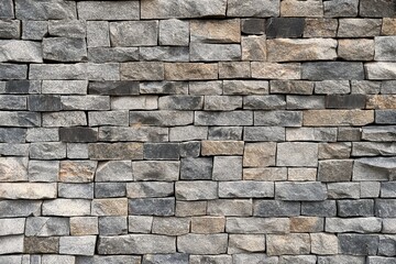 Fototapeta premium Close-up view of brick wall with gray, brown bricks in staggered pattern. Rectangular bricks, varying sizes, create three-dimensional structure. Beige background contrasts with brick colors, focusing