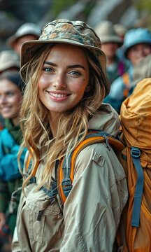 A female tour guide converses with a party of visitors