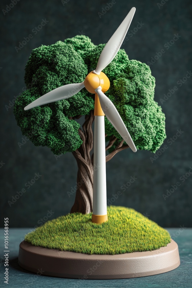 Poster a wind turbine stands next to a tree in an open landscape.