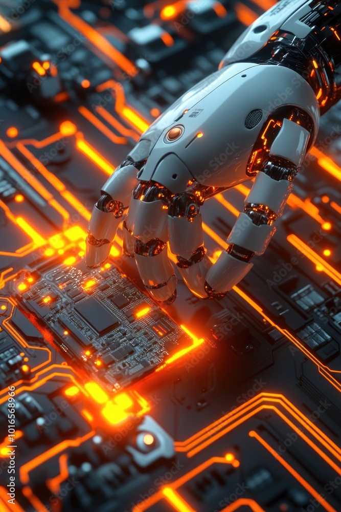 Poster a robot's hand is carefully touching a circuit board.