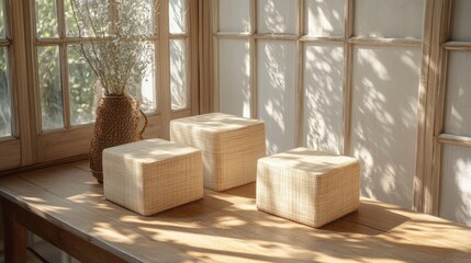 Eco-friendly packaging alternatives displayed on a wooden table with natural light and soft shadows in a serene environment