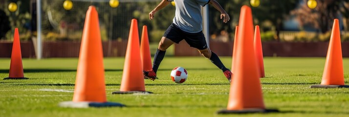 Soccer player in gray uniform with black stripes kicks white ball on lush green field. Skillful maneuvering, swift change in direction, orange cones in background add depth to scene.