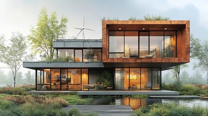 sketch of eco friendly homes,wind turbines emphasizing sustainable living and renewable energy.illustration