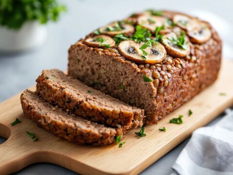Delicious Vegan Mushroom and Lentil Meatloaf Served in Slices