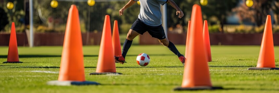 Soccer player in gray uniform with black stripes kicks white ball on lush green field. Skillful maneuvering, swift change in direction, orange cones in background add depth to scene.