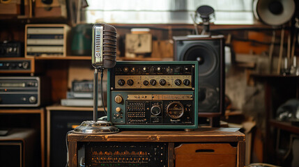 Retro podcast studio featuring a vintage microphone. 