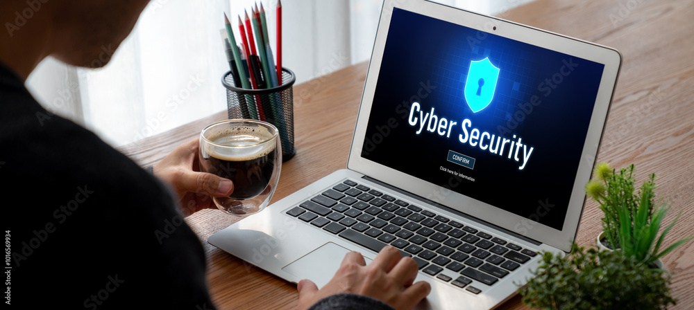 Poster cyber security system on computer screen protect private information snugly from hacker and cyber at
