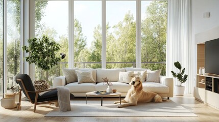 Fototapeta na wymiar Golden retriever dog in an opulent living room with a wide panoramic window in the Scandinavian style. Hotel or homeroom that welcomes pets.
