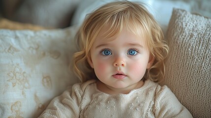 small sick toddler girl indoors at home looking at camera.stock image