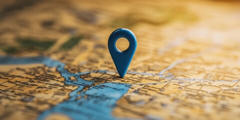 A large blue map pin hovering over a folded map, representing location services, mapping, and navigation technology, empty space for advertising