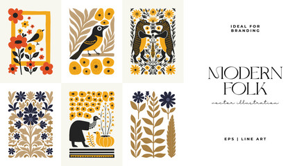 Abstract folk nordic art posters template. Modern trendy minimal style. Hand drawn design for wallpaper, wall decor, print, postcard, cover, template, banner. © KozyPlace