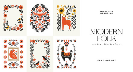 Abstract folk nordic art posters template. Modern trendy minimal style. Hand drawn design for wallpaper, wall decor, print, postcard, cover, template, banner. © KozyPlace