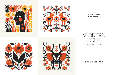 Abstract folk nordic art posters template. Modern trendy minimal style. Hand drawn design for wallpaper, wall decor, print, postcard, cover, template, banner.