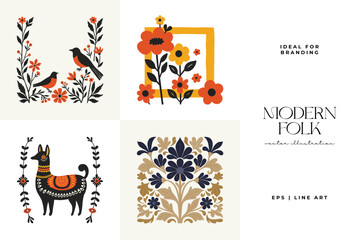 Abstract folk nordic art posters template. Modern trendy minimal style. Hand drawn design for wallpaper, wall decor, print, postcard, cover, template, banner.
