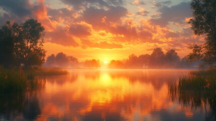Fototapeta premium A beautiful sunrise over a calm lake with fog and trees on the shoreline.