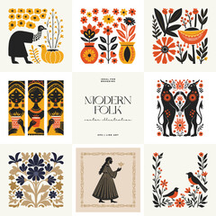 Abstract folk nordic art posters template. Modern trendy minimal style. Hand drawn design for wallpaper, wall decor, print, postcard, cover, template, banner.