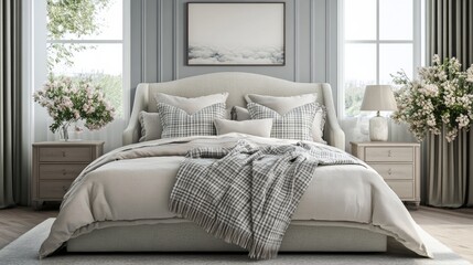 Modern light gray romantic bedroom with a window, flowers, a horizontal poster under the bed with plaid and cushions. frontal view. 3D model