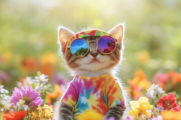 A kitten dressed as a hippie, with round glasses, a vibrant headband, and a tie-dye t-shirt. Surrounded by peace signs and flowers, it’s a playful nod to the 60s flower power era