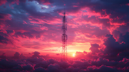 A striking photograph of an artistic mobile network tower against a vibrant sunset sky, showcasing the fusion of technology and nature. The tower’s unique design stands tall, symbolizing connectivity 