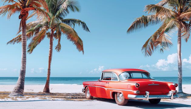 Classic red car parked by the shore, evoking nostalgia and summer vibes with its vintage charm against a backdrop of palm trees and ocean waves. Gataway and retro traveling in exotic Caribean concept