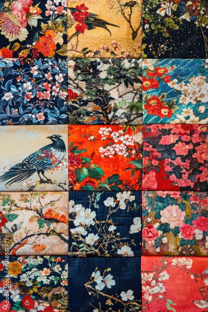 Poster colorful textiles featuring bird patterns.