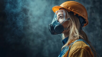 Obraz premium Female worker in a gas mask and helmet, surrounded by smoke
