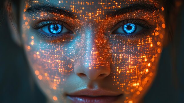 the concept of human computer interaction hci a person,binary code projected onto their face the intimate interplay between humans and digital technology in digitized world.create by F.a