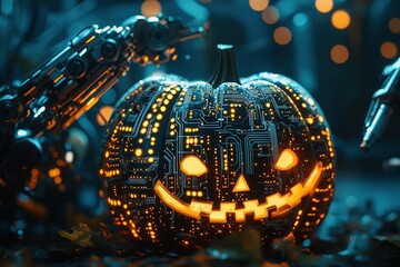 Fototapeta premium Halloween pumpkin made of circuit board and glowing with LED lights on a digital background. Halloween concept for advertising, a banner, or a presentation