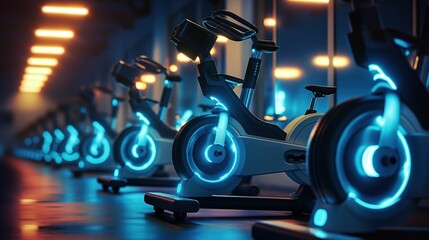 Row of stationary bikes in gym with glowing blue lights on pedals. Fitness equipment arranged in line, first bike slightly ahead. Dark gray background contrasts with vibrant blue lights.