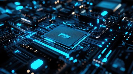 Fototapeta premium Detailed close-up of a computer motherboard with blue circuit lines and tech elements. Perfect for high-tech and electronics related content.