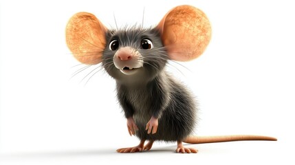 Fototapeta premium A cartoon-style rat with oversized ears, standing proudly on a white background. Isolated PNG clipart for die-cut designs.