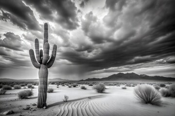 Saguaro cactus against dramatic sky in desert landscape