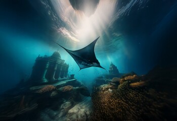 A manta ray swims beneath the surface of the water, sunlight shining through the water above. A sunken building is visible in the distance.