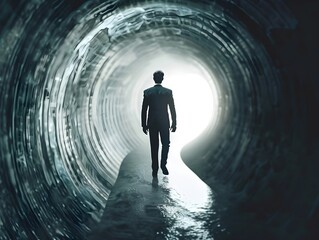 Determined Businessman Walks Towards a Bright Future Through a Shadowy Tunnel