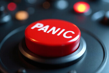 A glowing lighted red panic button on a control panel. A call for help in emergency. Concept on time for drastic intervention and measures to correct current bad situation, in life, business, sports.