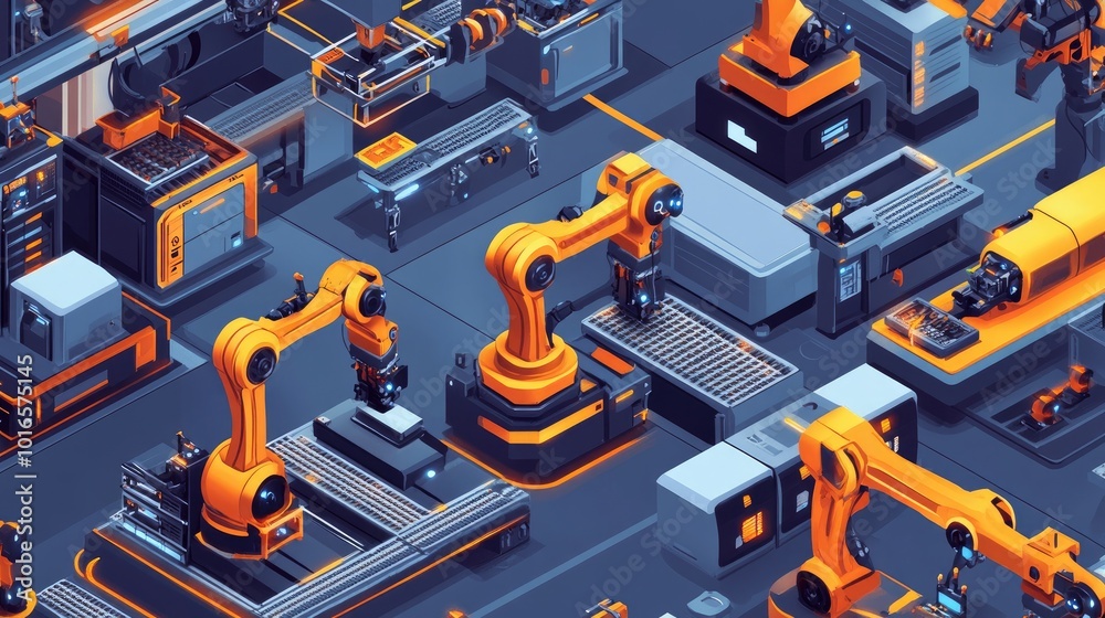 Poster a fully automated factory with robots performing various tasks, from assembly to packaging, in a sea