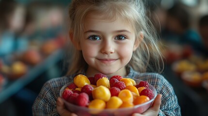top view of schoolchild having healthy fruit lunch in school canteen.illustration