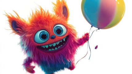 A fuzzy, colorful monster with big ears and a playful smile, holding a balloon. Ideal for children's illustrations and fun clipart designs.