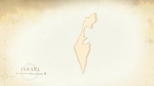Map of Israel in the old style, brown graphics in retro fantasy style, perfect for intro or video presentation. High quality 4K video.
