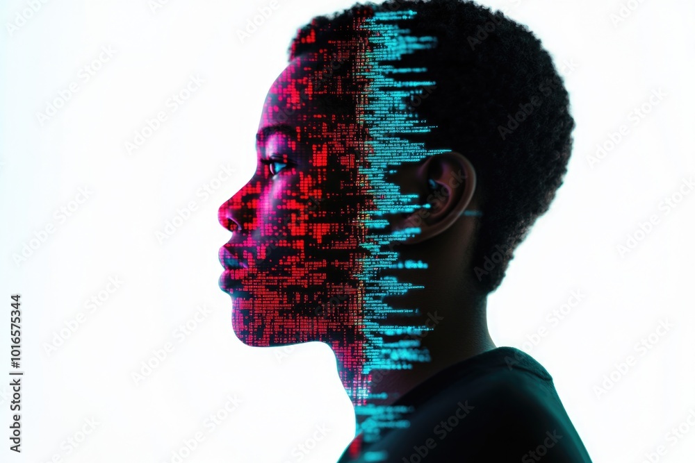 Poster a digital portrait of a person's face composed of tiny pixels.
