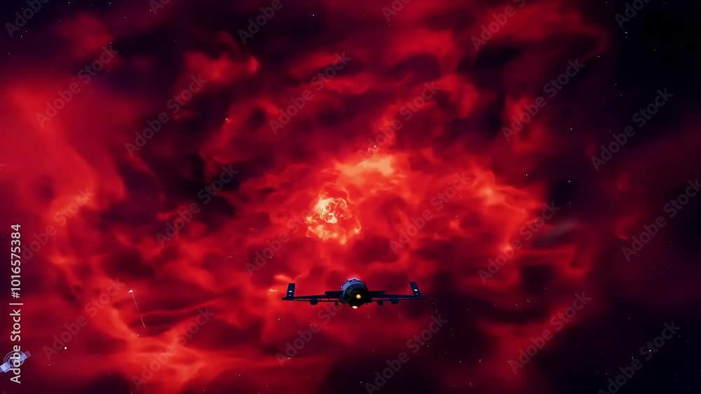 Poster embark on space flight journey towardmysterious glow fromred nebula exploring depths galaxy inseamle